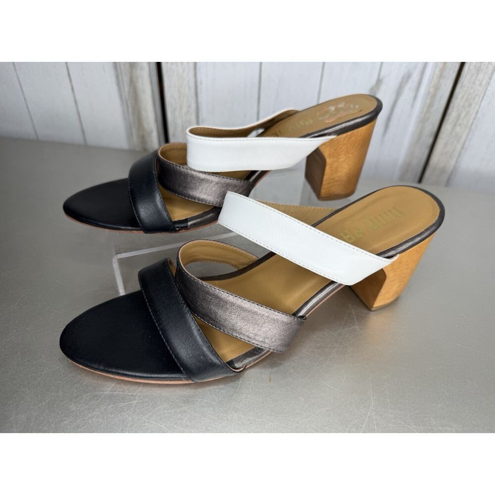 Anthropologie Leather Nina Payne Black Silver Block Heels Size 39 / US 9